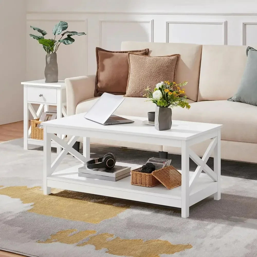 Wood 2 Tier White Coffee Table With Storage Shelves