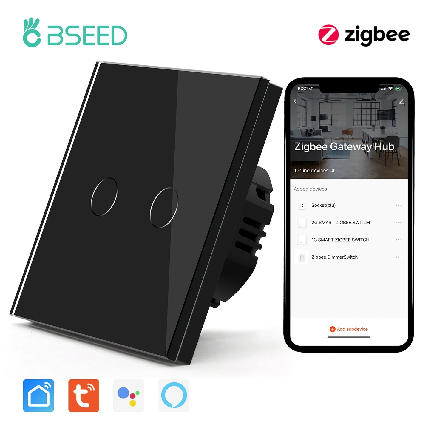 BSEED Zigbee 1/2/3 Gang 1 Way Smart Switch Single Live LED Buttons Glass Panel Work With Google Home EU Touch Switch Smart Life
