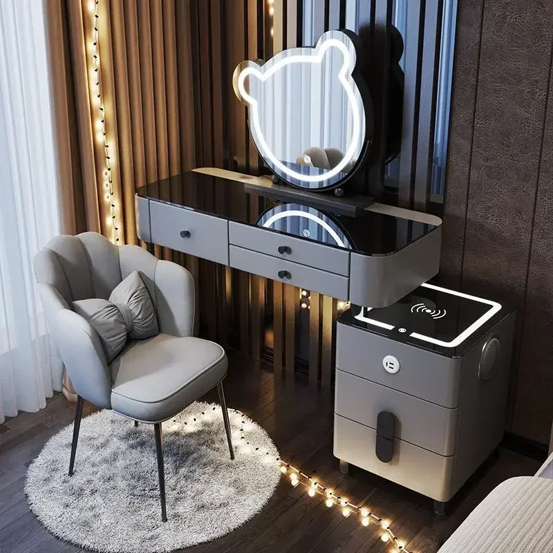 Modern Wooden Makeup Vanity With Wireless Charging And LED Mirror