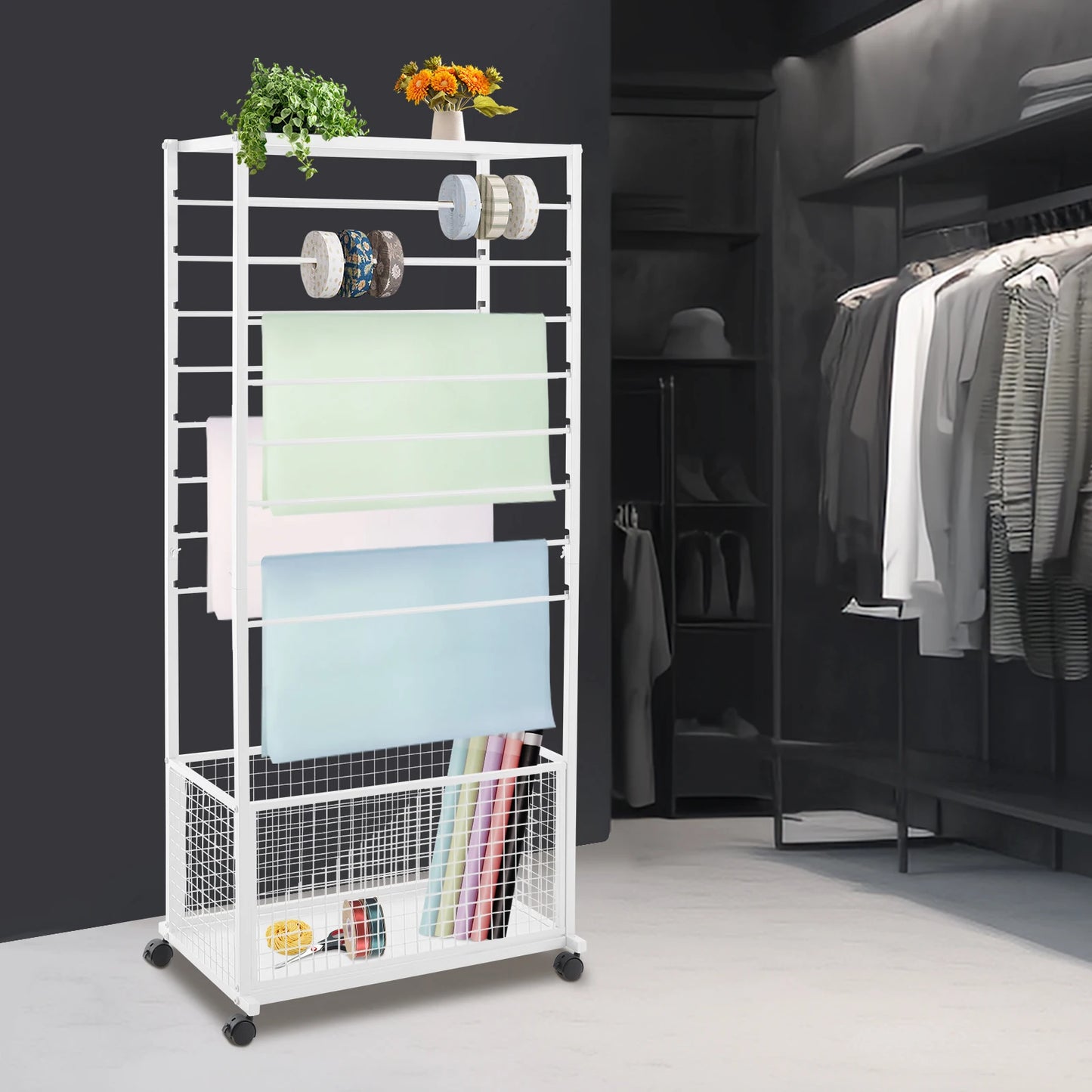 67*32*150cm White 16-layer Ribbon Rack with Top Shelf Flower Wrapping Paper Rack with Rollers Display Rack with Storage Basket