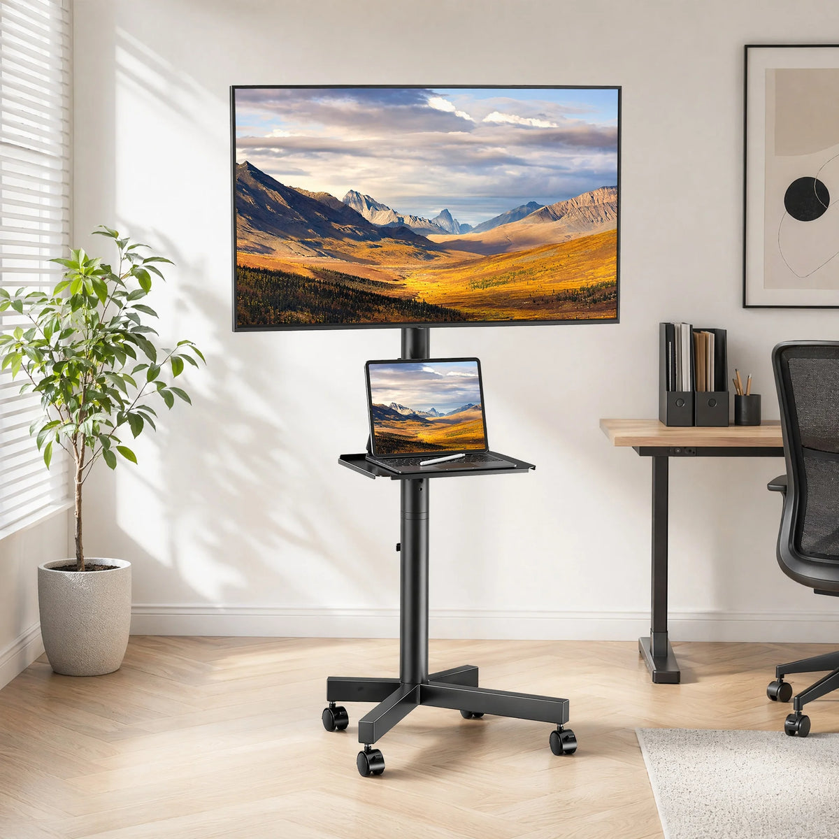 Rolling TV Stand on Wheels with Tilt for 23-65 Inch Screen TVs, Mobile TV Cart Height - Adjustable with Shelf/Tray, Portable TV Stand Holds up to 99 lbs, Max VESA 400x400mm