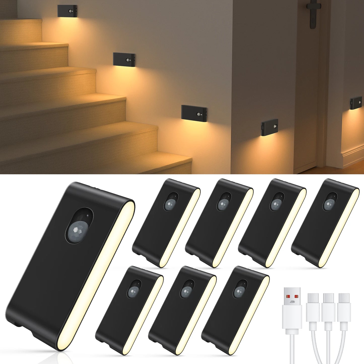 WILLED Motion Sensor Wireless Stair Lights Indoor Battery Rechargeable Night Lights for Stairway Hallway Kitchen Cabinet Bedroom