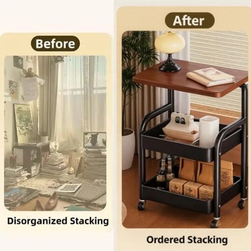 Metal Rolling Storage Cart With Walnut Wood Top Three Tiers