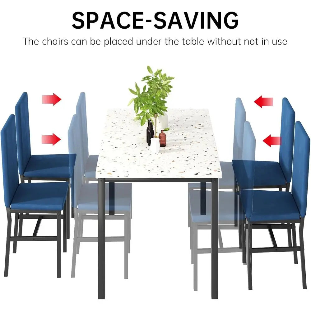 Dining Table Set or 4, ern aux Marble Dining Table Set with 4 Upholstered Velvet Chairs, Dining Room Table Set or Kitchen, Break
