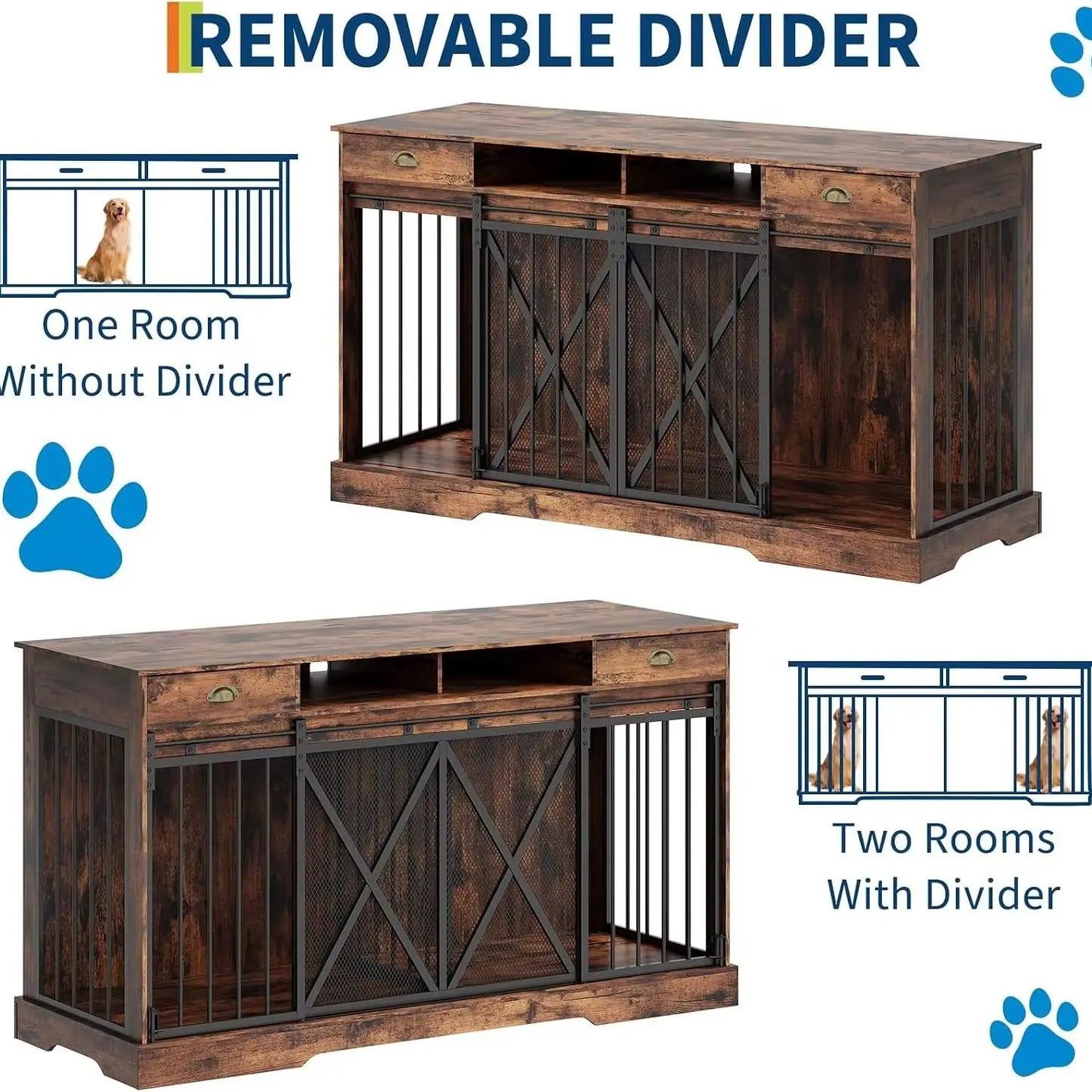 63 Inch Large Double Dog Crate Furniture with Divider Sliding Doors Storage Drawers Open Shelves Heavy Duty Wooden Indoor Dog Kennel Cabinet for Multiple Dogs Living Room Bedroom Entryway
