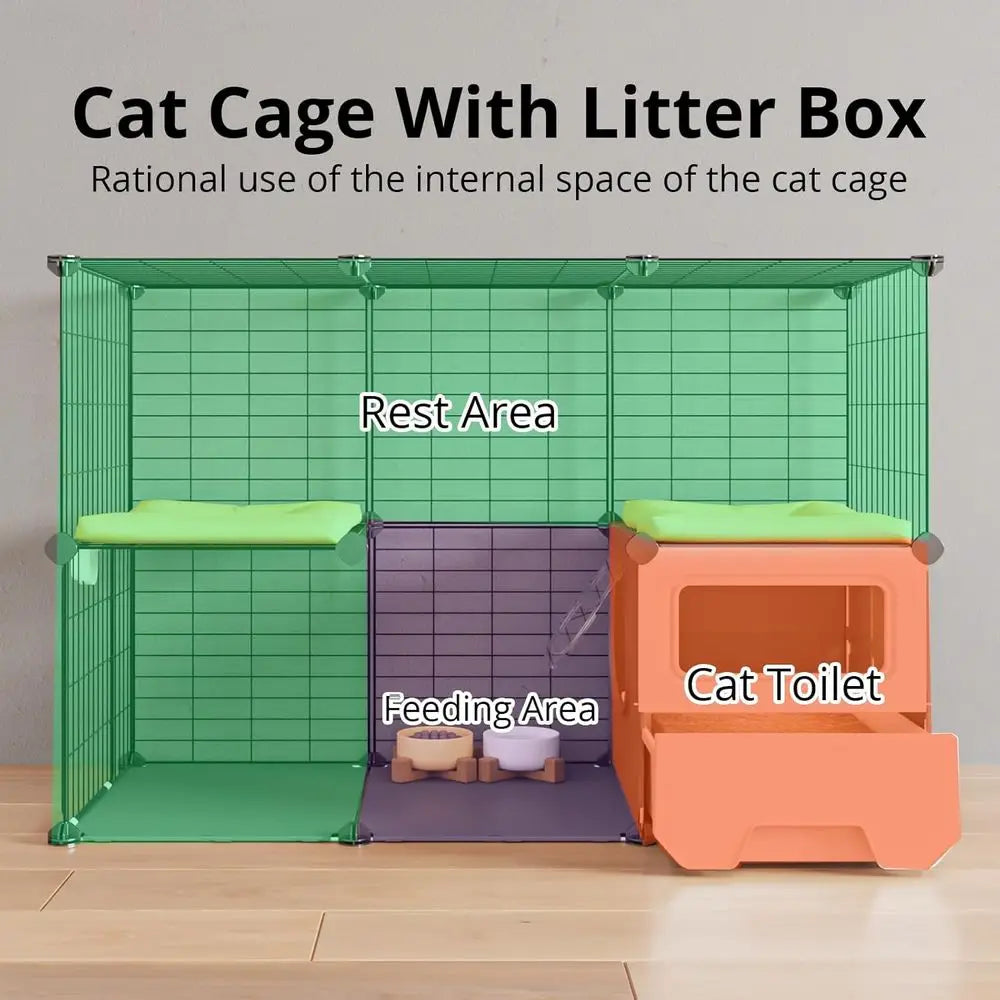 Detachable Metal Wire Cat Playpen with Litter Box Two Tiers