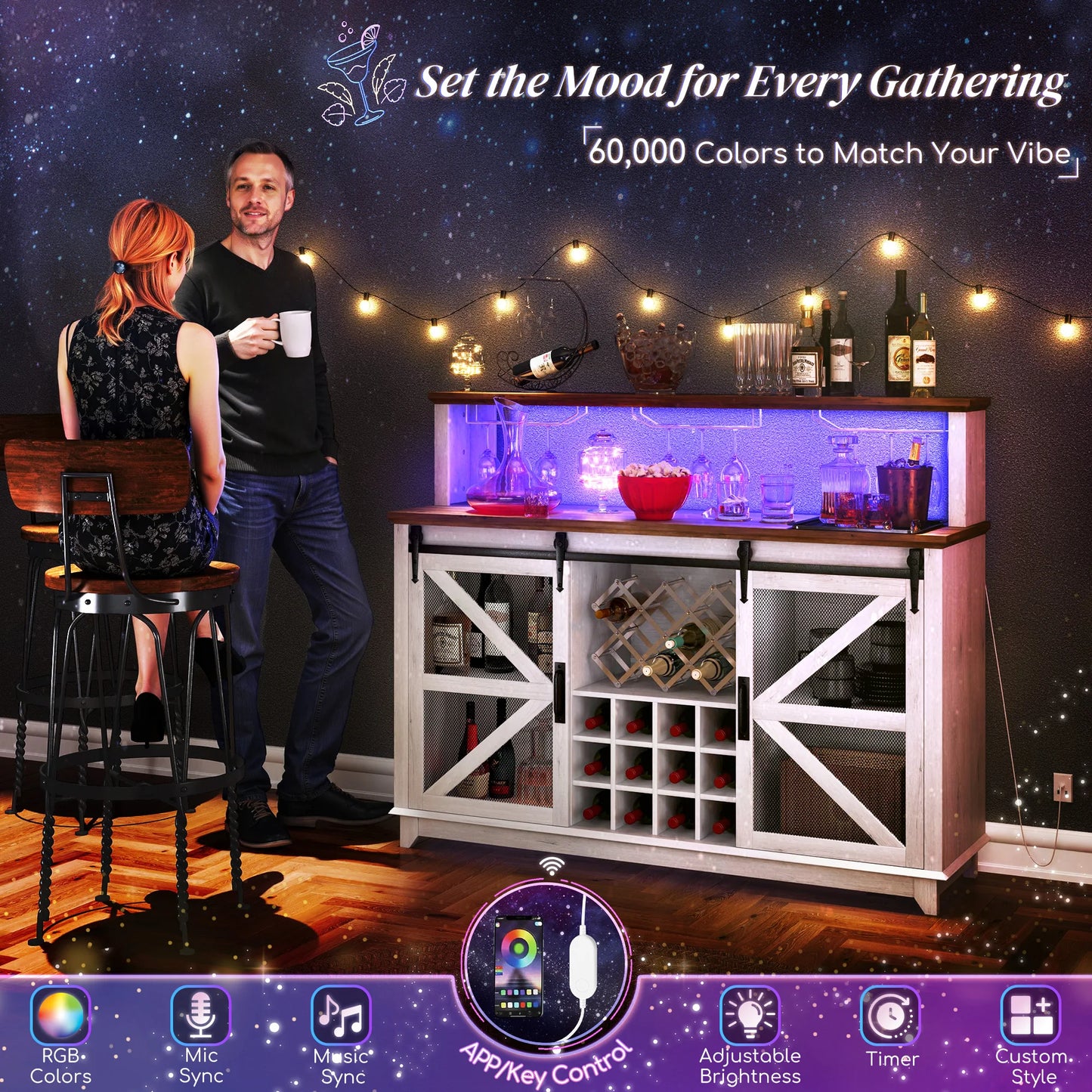 App Controlled Farmhouse Coffee Bar Cabinet With Wine Storage Rack