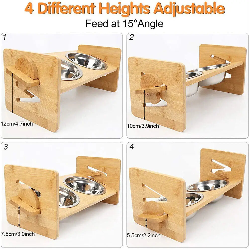 Adjustable Bamboo Elevated Dog Feeding Station With Stainless Steel Bowls