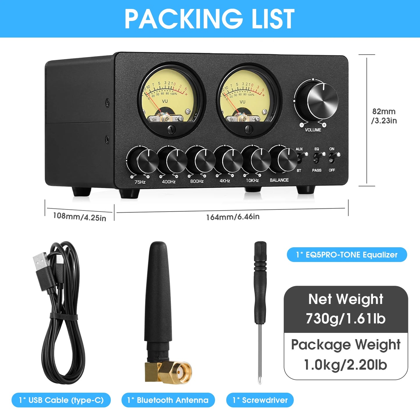 Nobsound EQ5 PRO Mini 5-Band EQ Preamp Stereo Bluetooth Equalizer Home Desk Audio Processor with VU Meter