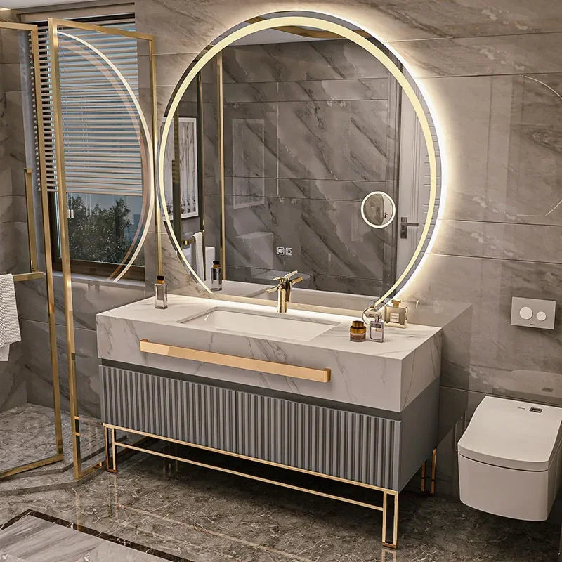 Luxury Bathroom Vanity Cabinet With Smart Led Rock Slab Countertop