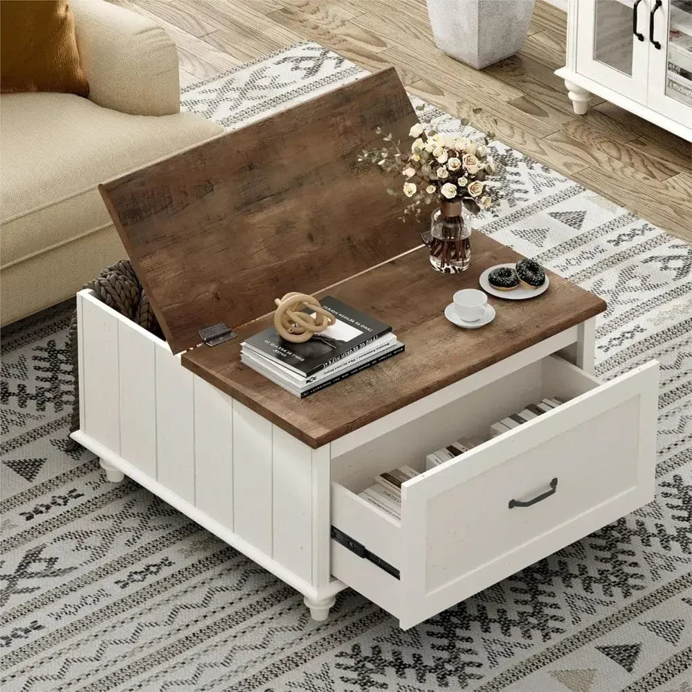 Farmhouse Coffee Table With Storage Cabinet Wooden Center Table