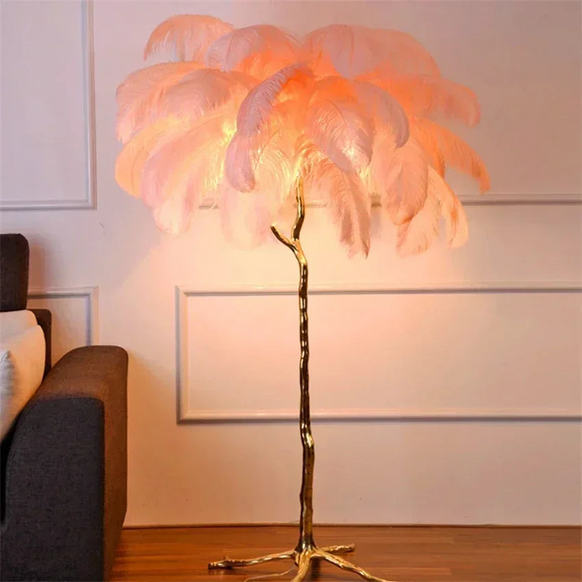 Luxury Modern White Pink Ostrich Feather Floor Lamp Home Corridor Party Stage Romantic Road Decoration E27 Light Bulb Fixture