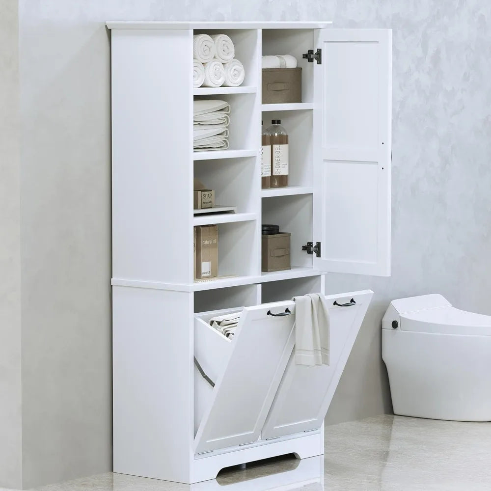 Tall Storage Cabinet with Door and Open Shelf, Multi-Functional Laundry Hamper Basket for Home Bathroom, Laundry Room, White