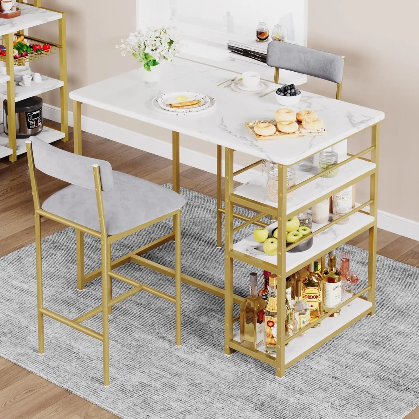 3 Piece Modern Bar Table Set for 2, Space Saving Counter Height Dining Table with Storage Shelves & Upholstered Chairs, Dining Room Furniture for Breakfast Nook Kitchen, Gold