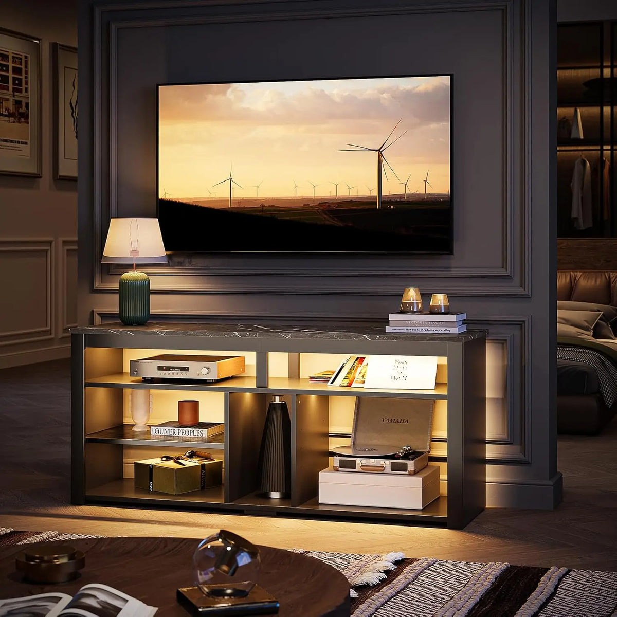 LED Tall Entertainment Center for 55/60/65 inch TV, TV Stand with Storage for PS4 Xbox, Adjustable Shelf Media, Customized