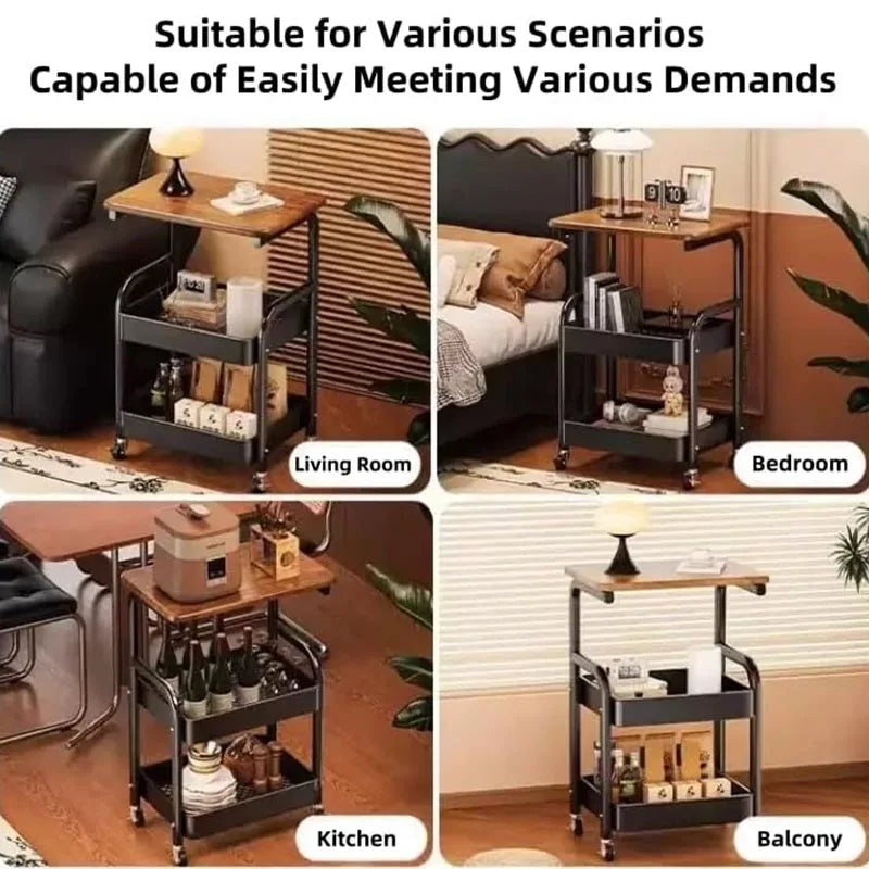 Metal Rolling Storage Cart With Walnut Wood Top Three Tiers