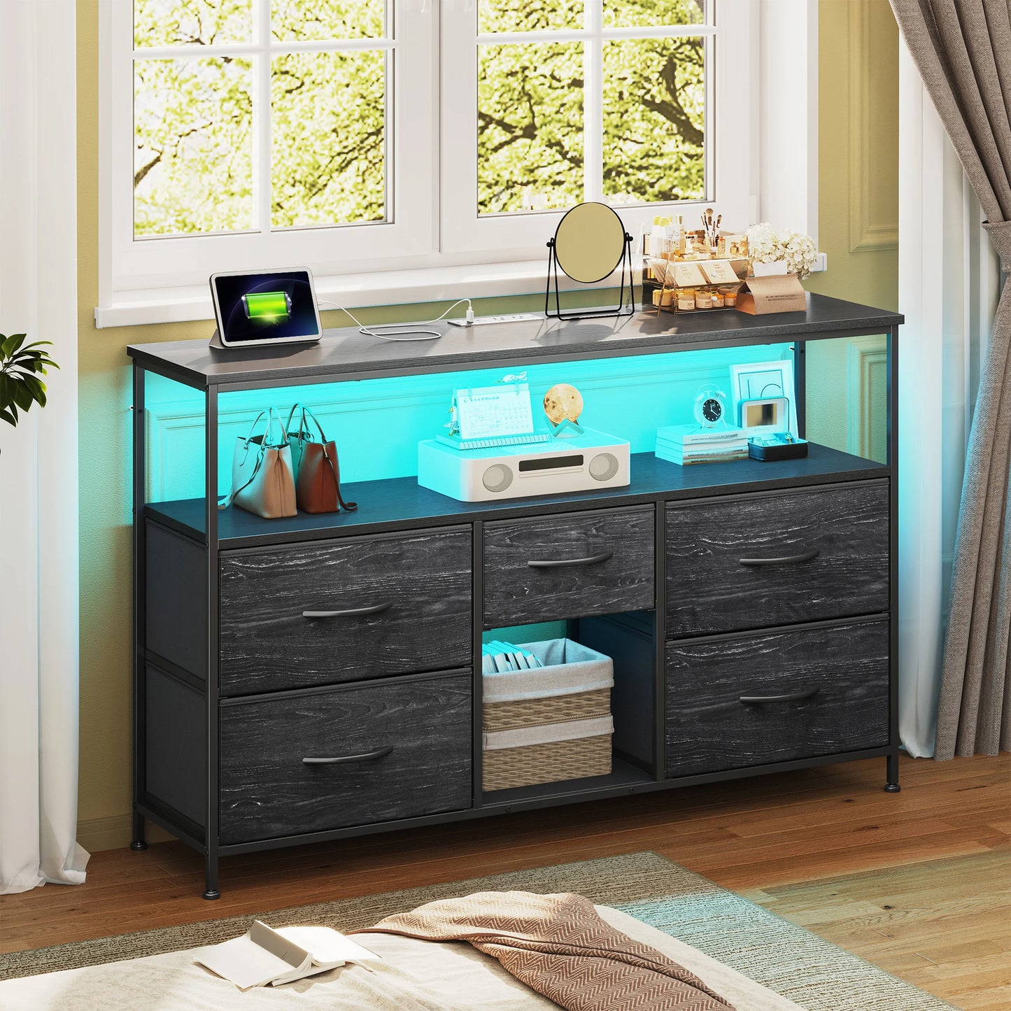 5‑Drawer TV Console with LED Accent Lights – 45/50" Compatible, Metal Frame, Leveling Feet, Scratch‑Resistant Top, Quick Assembly – Spacious Shelves + Fabric Drawers – Ideal for Dorm, Apartment, Living Room Use