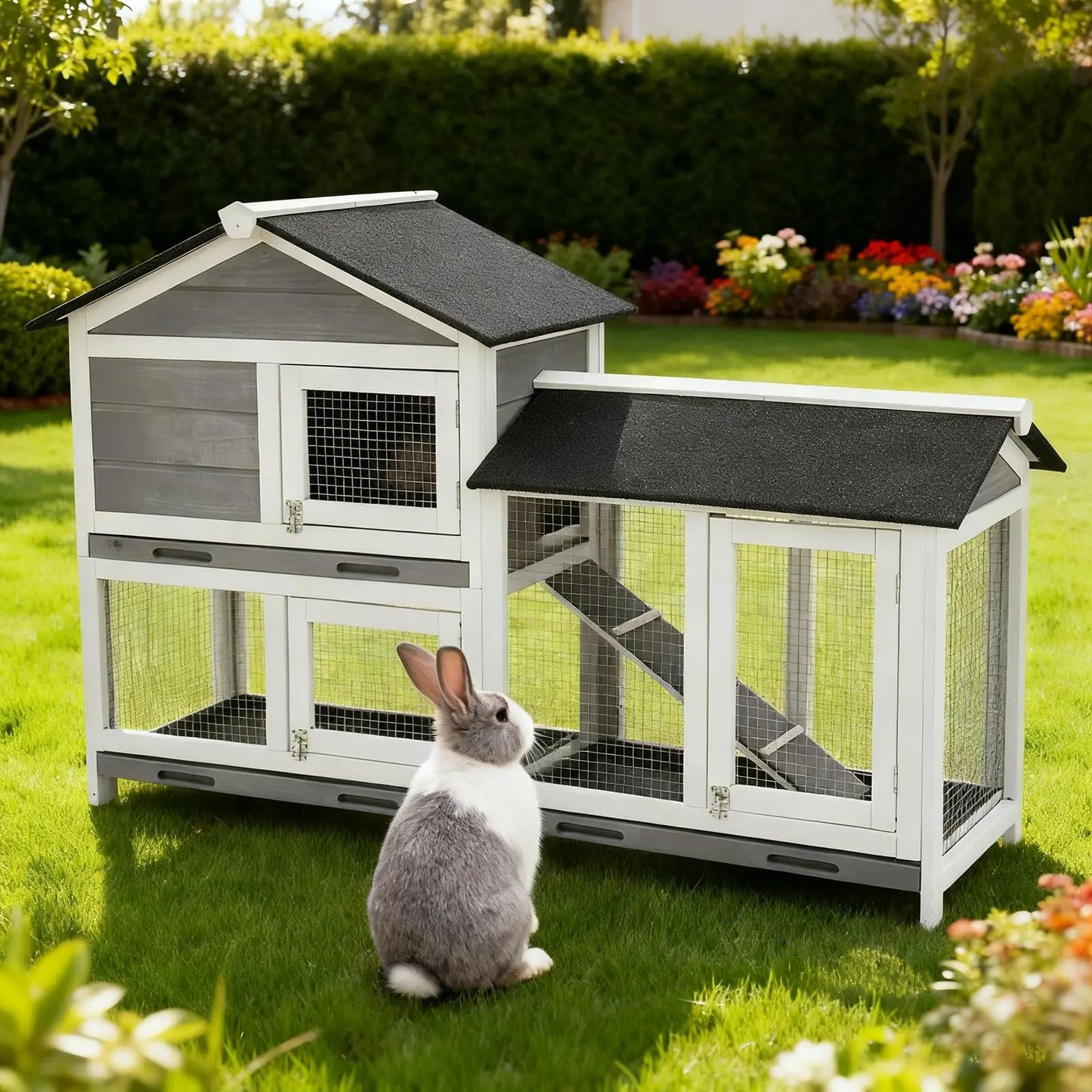 63in Bunny Hutch Indoor, Wooden Rabbit Cage 2-Tier With 3 Removable Trays, Waterproof Roof Bunny House Outdoor Coop