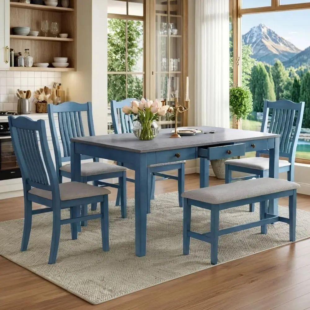 6-Piece Solid Wood Dining Table Set, armhouse Kitchen Table Set with 4 Upholstered Chairs, Bench and Storage Ders or Kitchen, Di