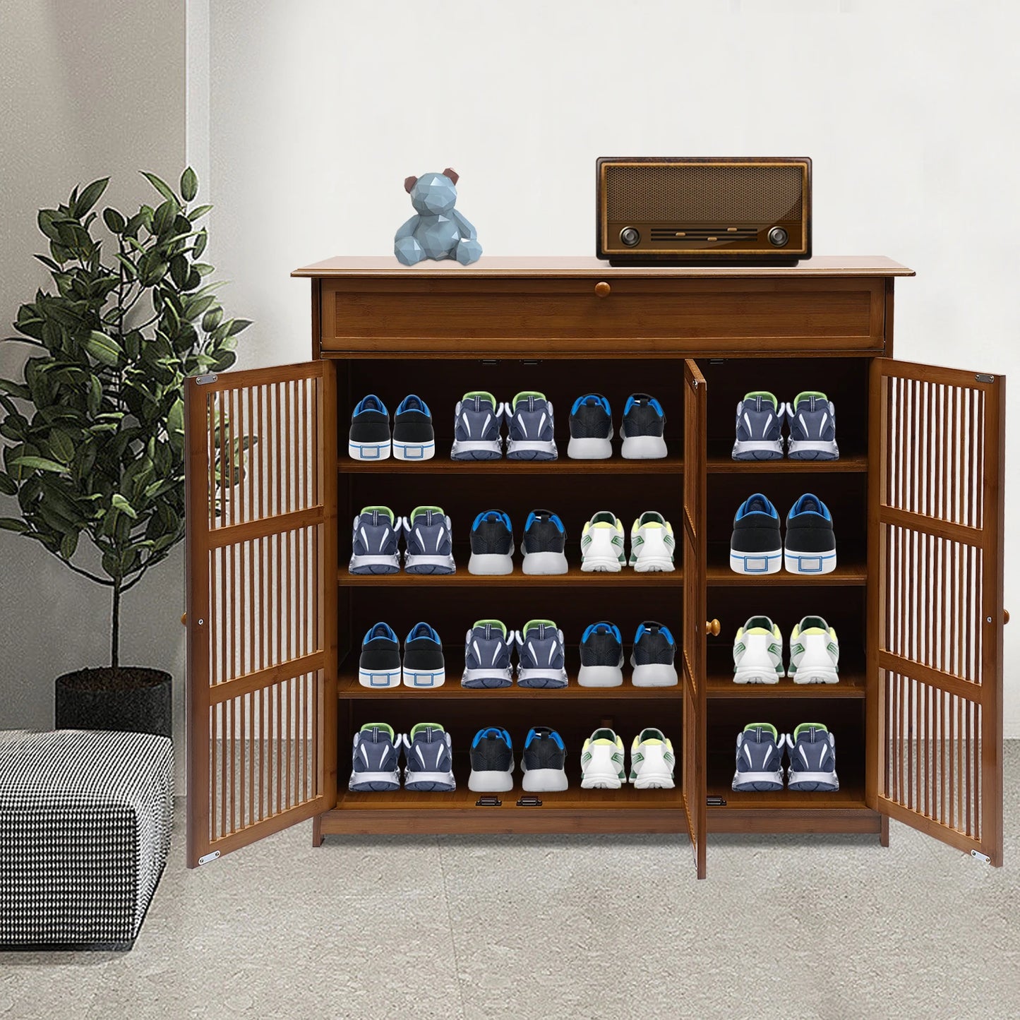 Eco-friendly Bamboo Shoe Rack with Drawer and Top Shelf – Large Capacity, Modern Design