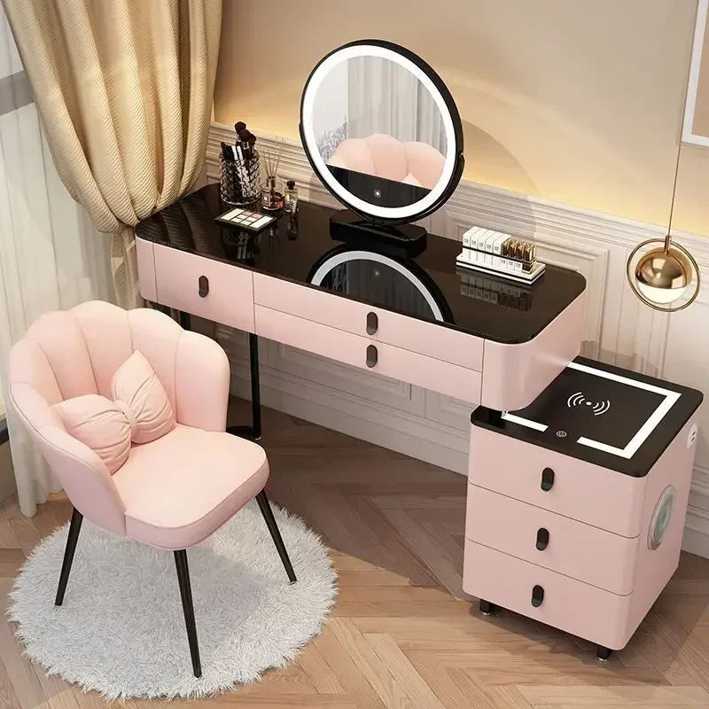 Modern Wooden Makeup Vanity With Wireless Charging And LED Mirror