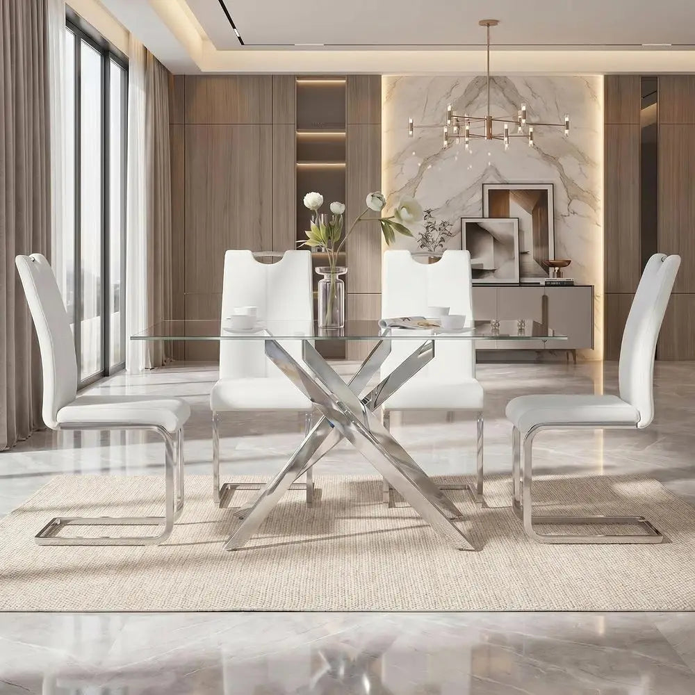 51.18" Glass Dining Table Set or 4, ern Dining Room Table Set with 4 Upholstered Leather Chairs, Space-Saving Recular Glass Tabl