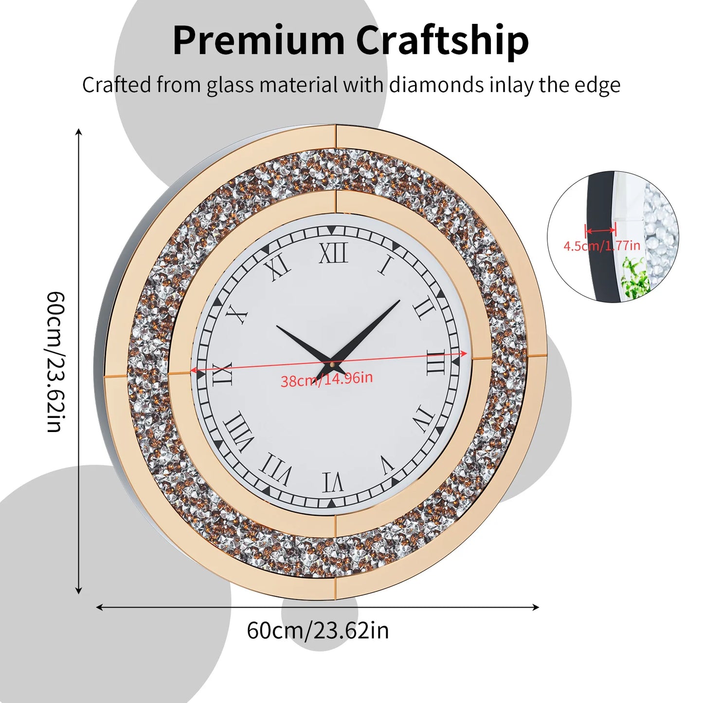 Round Mirror Clock With Crystals For Elegant Wall Decor
