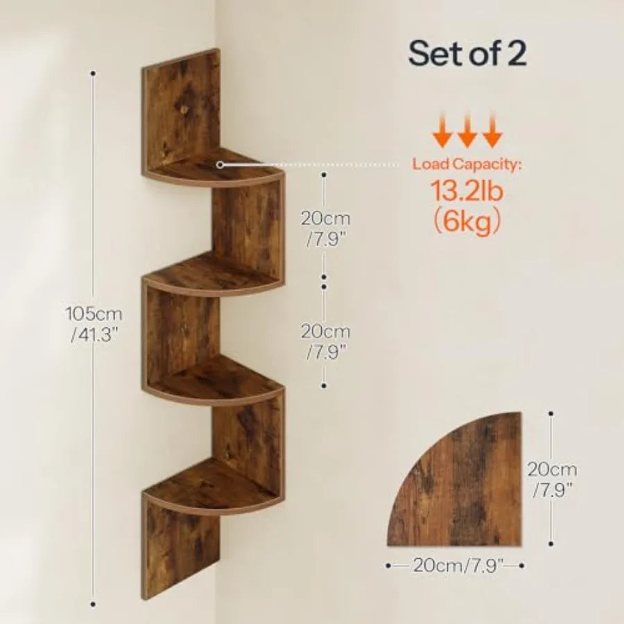 Corner Shelf Wall-Mounted, Set of 2 Floatg Corner Shelves for Wall, 4-Tier Corner Bookshelves for Livg Room, Bedroom, Bathroom,