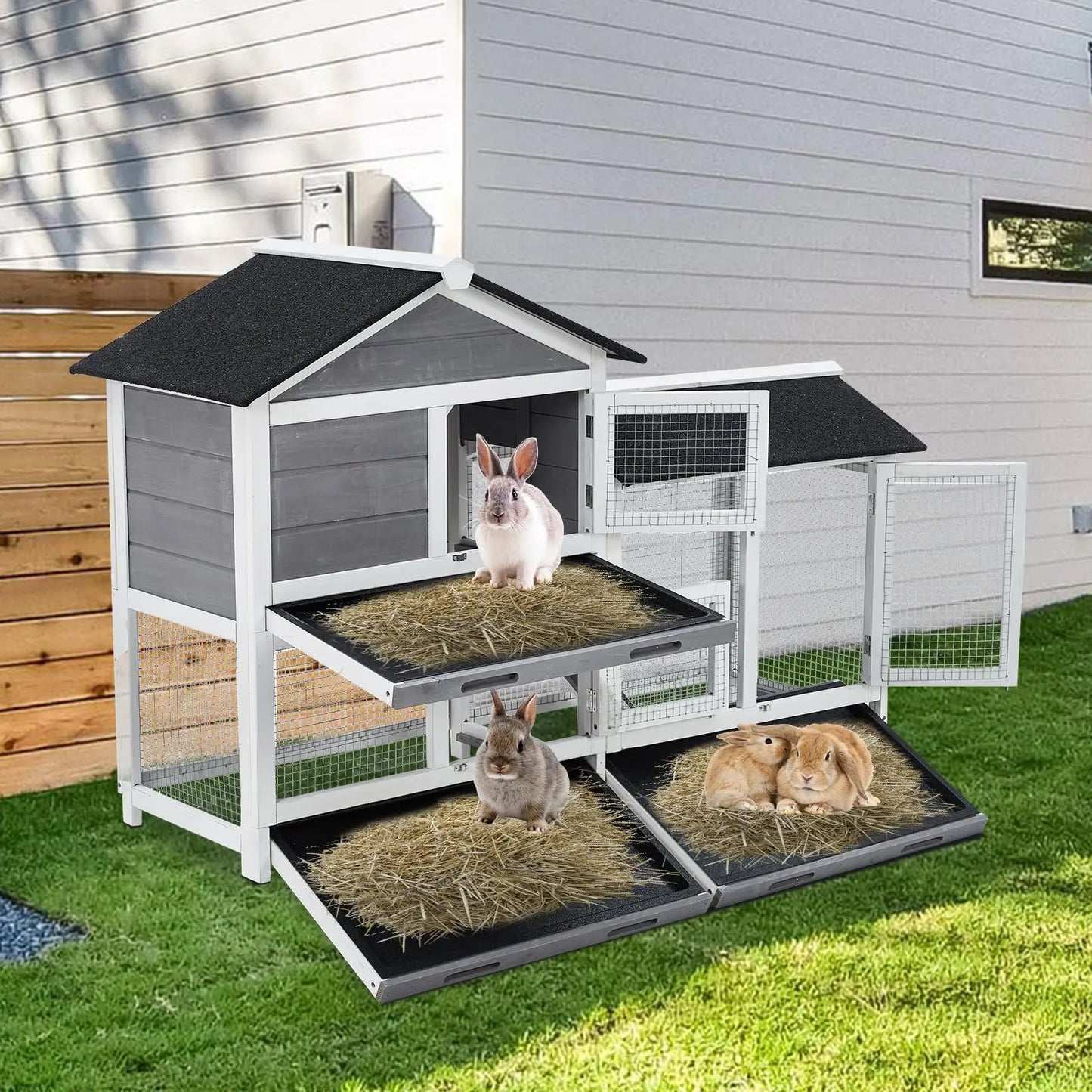 63in Bunny Hutch Indoor, Wooden Rabbit Cage 2-Tier With 3 Removable Trays, Waterproof Roof Bunny House Outdoor Coop