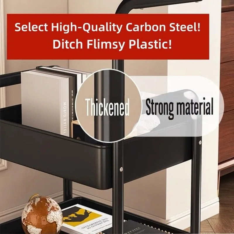 Metal Rolling Storage Cart With Walnut Wood Top Three Tiers