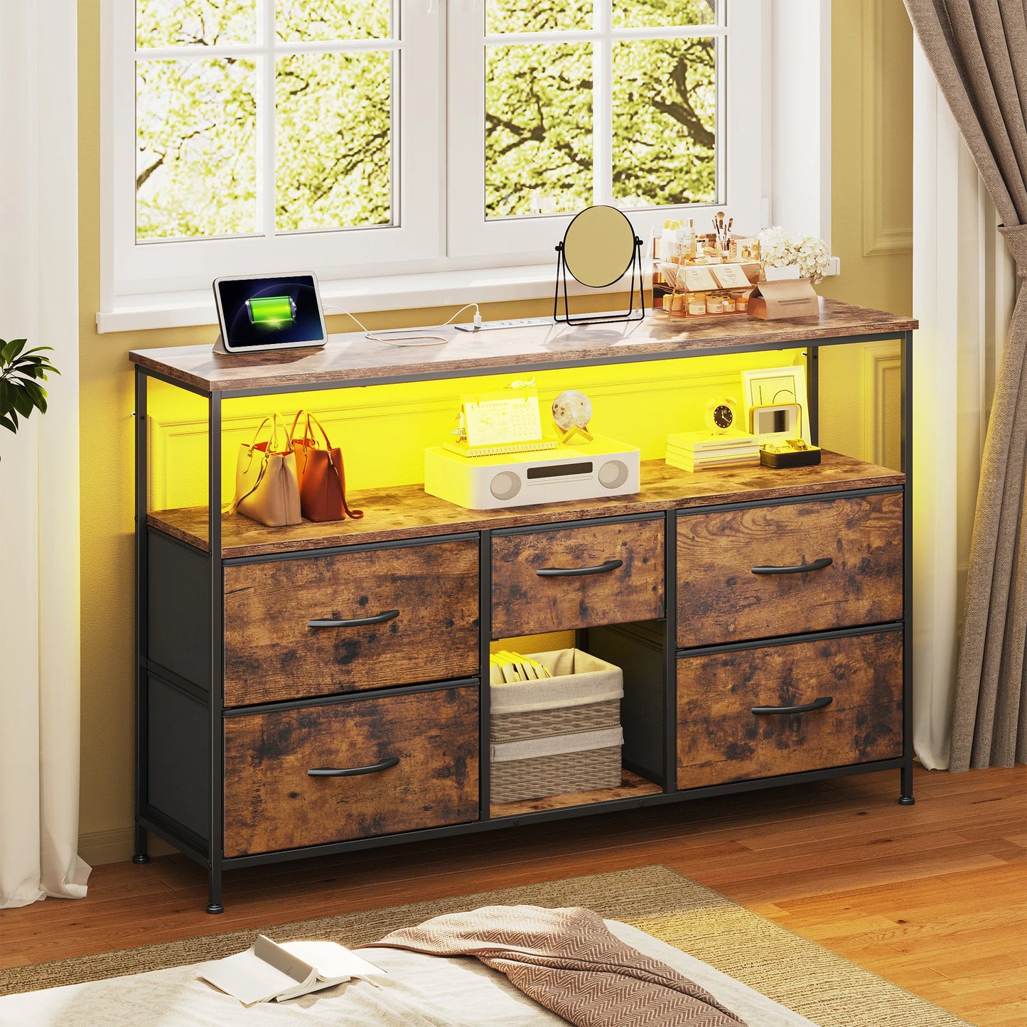 5‑Drawer TV Console with LED Accent Lights – 45/50" Compatible, Metal Frame, Leveling Feet, Scratch‑Resistant Top, Quick Assembly – Spacious Shelves + Fabric Drawers – Ideal for Dorm, Apartment, Living Room Use