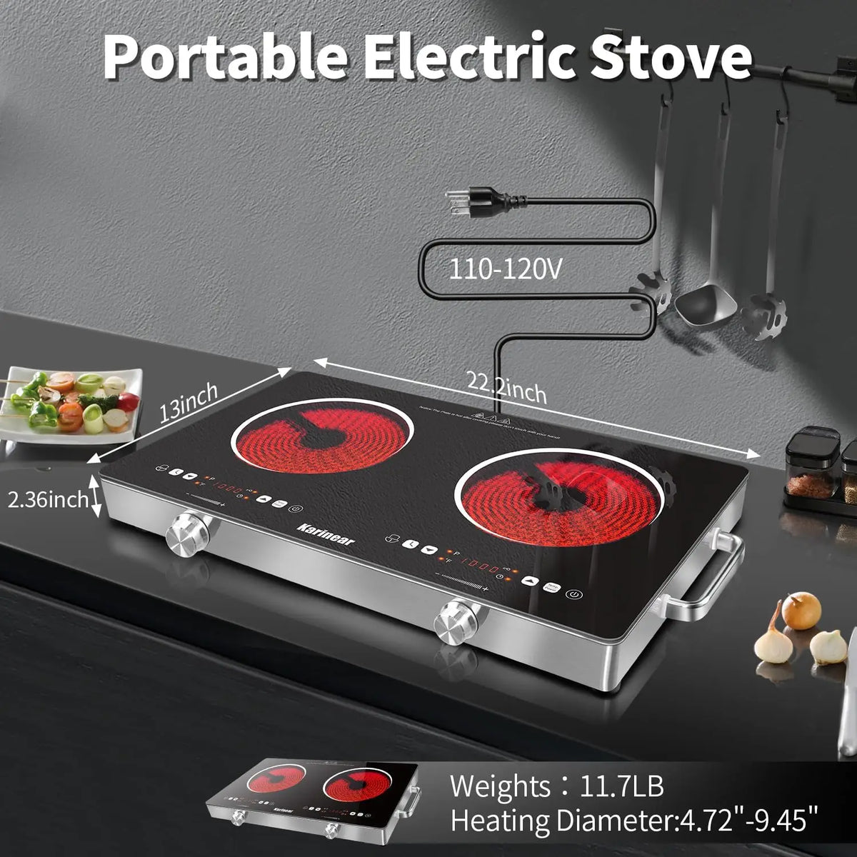 Karinear 3200W Ceramic Electric Hob With Dual Zone Touch Control