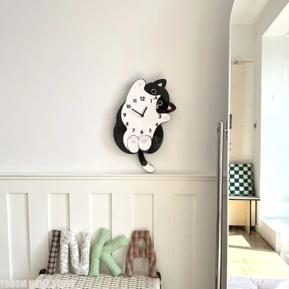 Cartoon Cat Tail Swaying Wall Clock - Silent Non-Ticking Creative Home Decor for Living Room, Bedroom & Kids Room