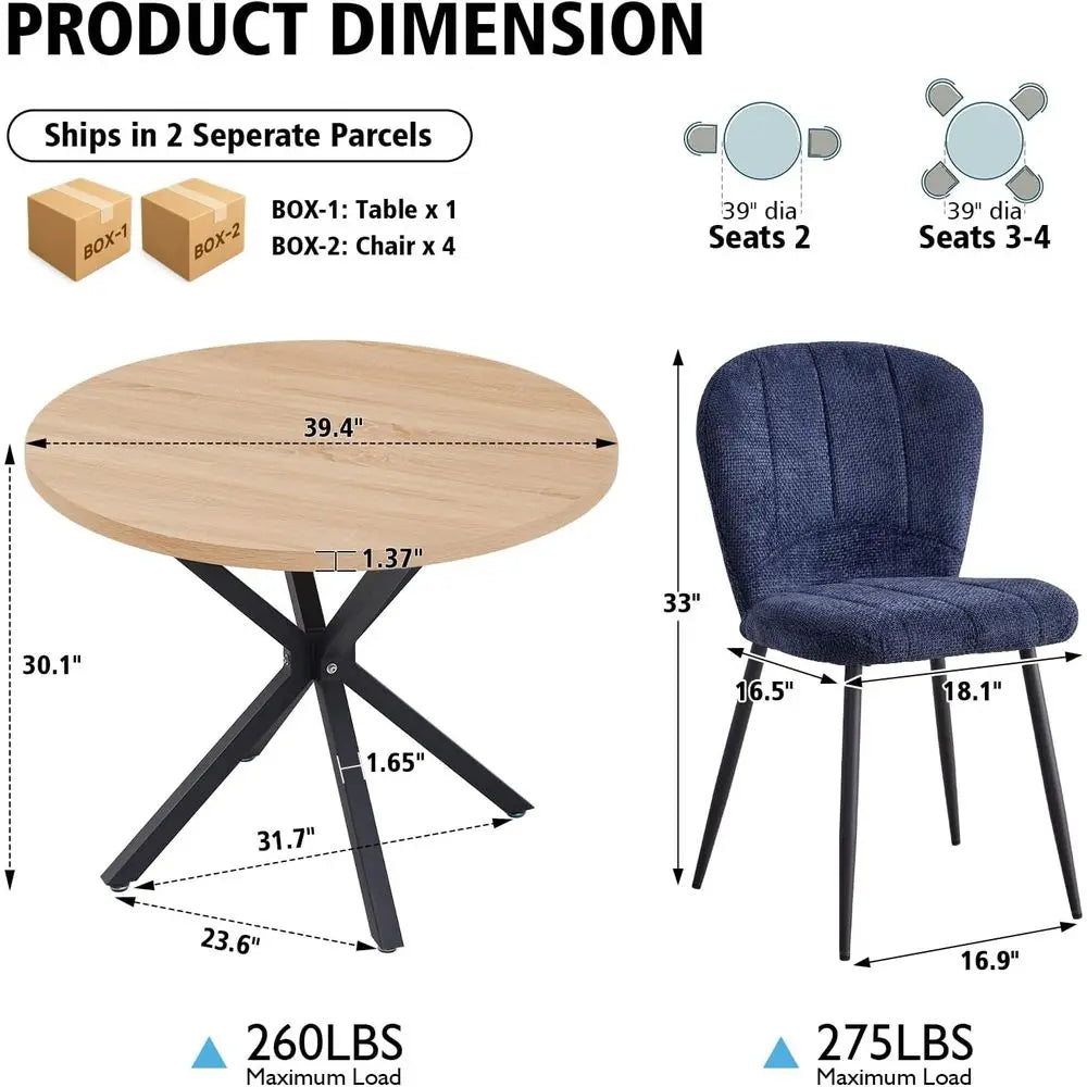 39" Round Dining Table Set or 4, Century Kitchen Table with 4 Upholstered Accent Dining Chairs or Aparent Living Room Space Savi