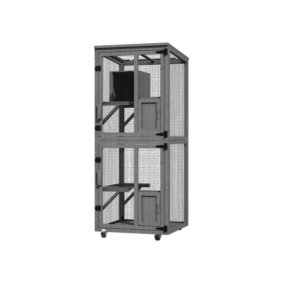 4-Tier Large Outdoor Cat Catio, Cat Enclosure with Wheels, Waterproof Roof, 4 Doors & Resting Box, Grey/Black