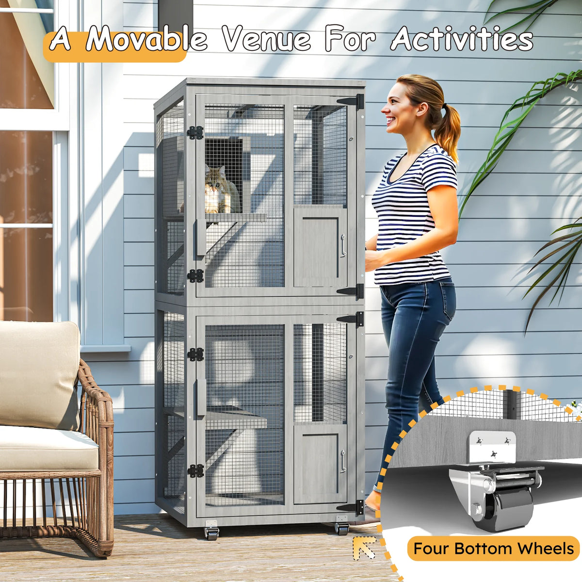 4-Tier Large Outdoor Cat Catio, Cat Enclosure with Wheels, Waterproof Roof, 4 Doors & Resting Box, Grey/Black