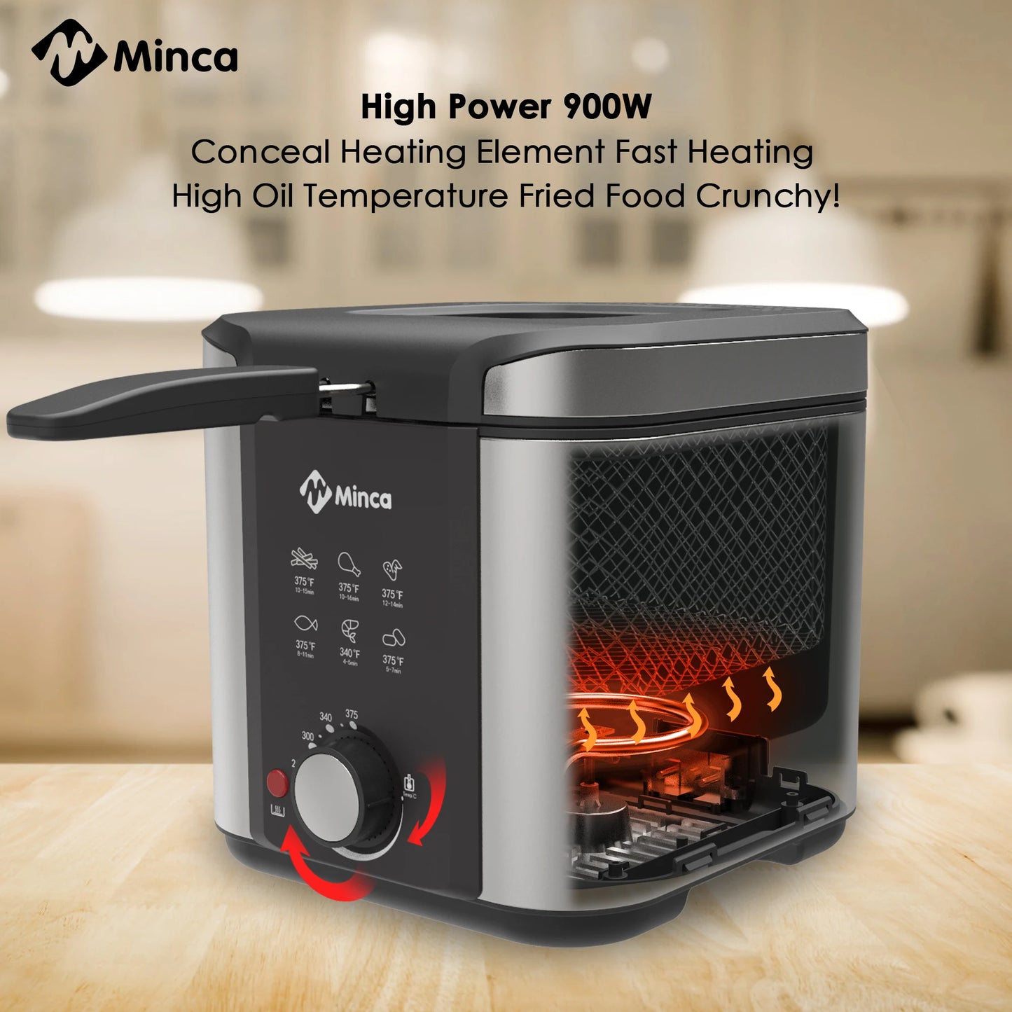 Minca 1.5L Electric Deep Fryer with Viewing Window, Adjustable Temp, Removable Basket, Stainless Steel Body & Cool-Touch Handle