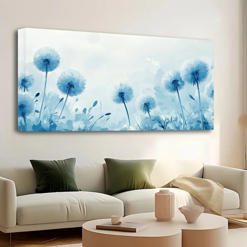 1.5 inch thick pine solid wood frame, dandelion oil painting, blue and white dandelion flower butterfly, interior decoration