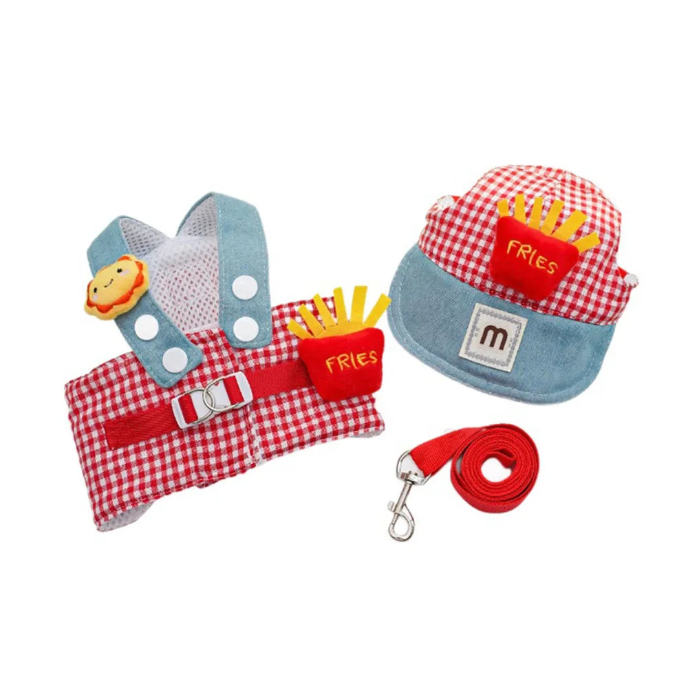 Spring and Summer Outdoor Pet Supplies 3pcs/set Dog Harness Leash Sun Hat for Small Dogs Kitten Cap Frog Bear Fries Pet Clothes