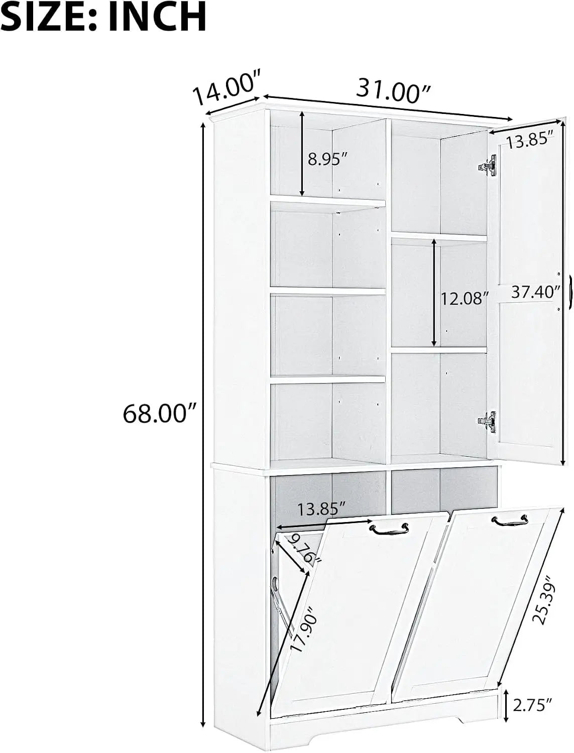 Tall Storage Cabinet with Door and Open Shelf, Multi-Functional Laundry Hamper Basket for Home Bathroom, Laundry Room, White