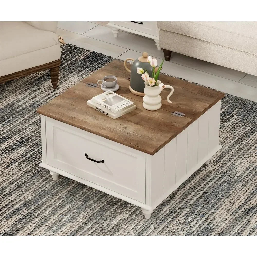 Farmhouse Coffee Table With Storage Cabinet Wooden Center Table