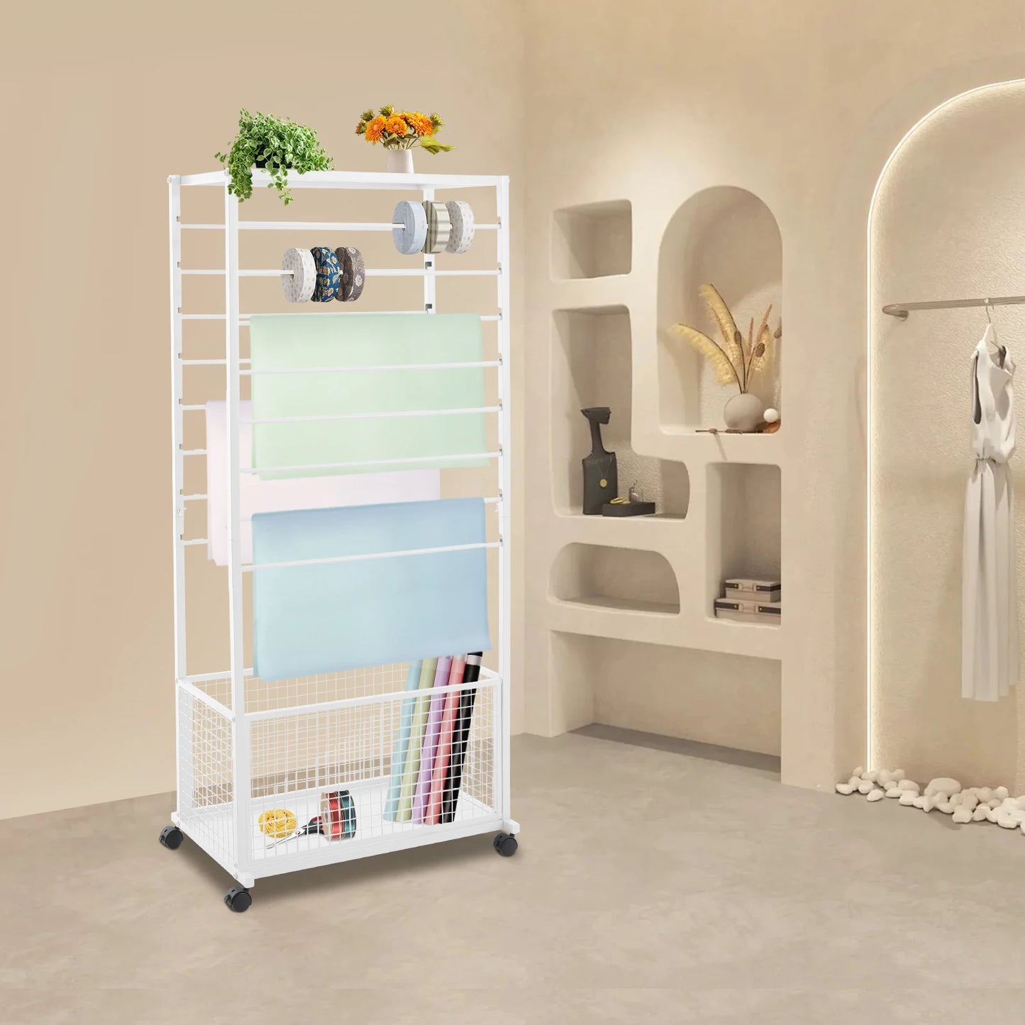 67*32*150cm White 16-layer Ribbon Rack with Top Shelf Flower Wrapping Paper Rack with Rollers Display Rack with Storage Basket