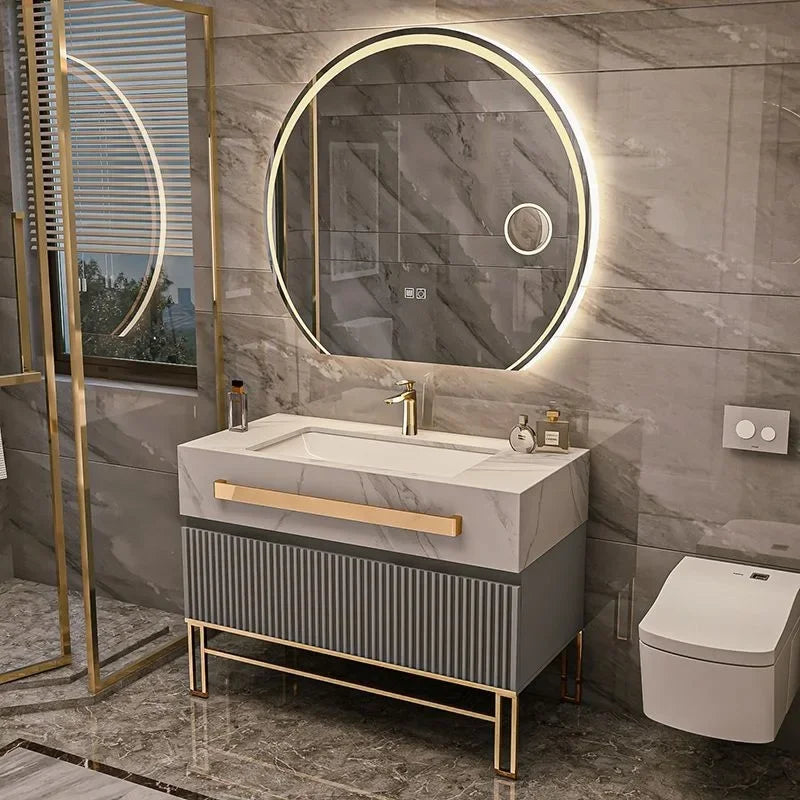 Luxury Bathroom Vanity Cabinet With Smart Led Rock Slab Countertop