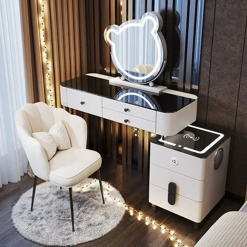 Modern Wooden Makeup Vanity With Wireless Charging And LED Mirror