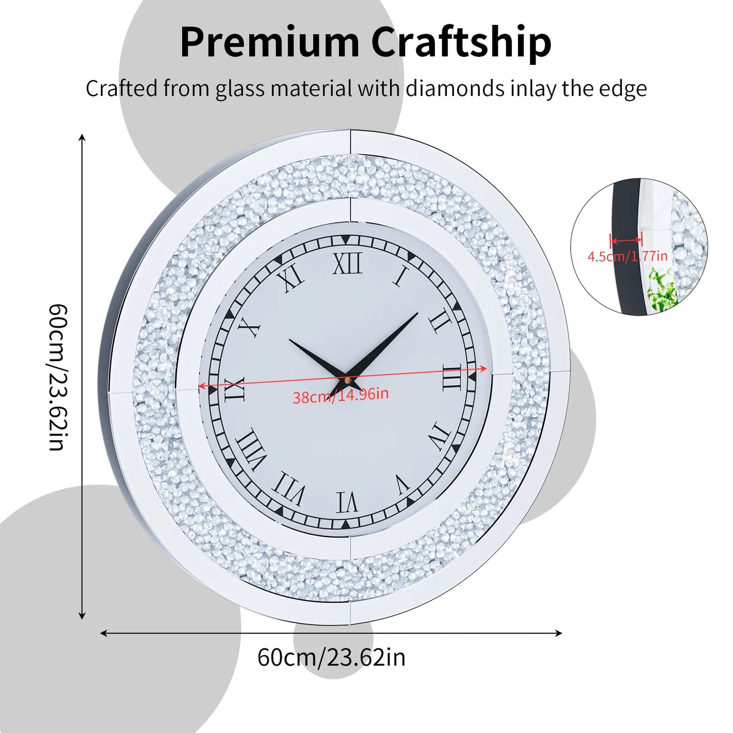Round Mirror Clock With Crystals For Elegant Wall Decor