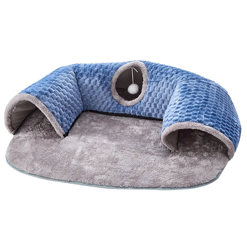 3-in-1 Cat Tunnel Bed, Convertible Play Tunnel & Warm Nest with Non-Slip Bottom, Cozy Plush Pet Mat for Cats, Rabbits