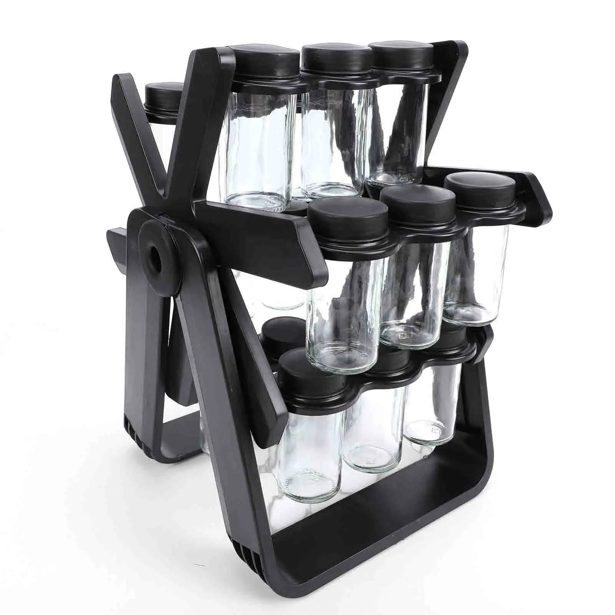 Rotating Glass Spice Rack Organizer With Labels And Funnel