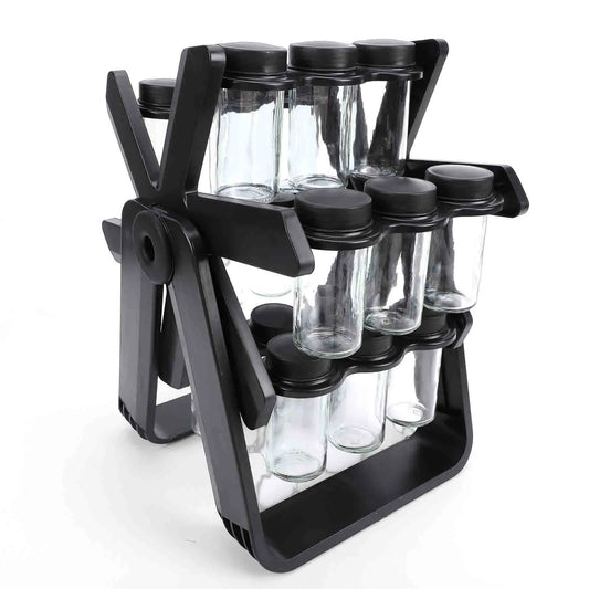Rotating Glass Spice Rack Organizer With Labels And Funnel