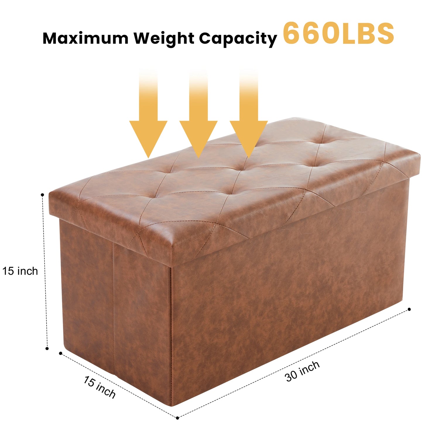 JHK 43 Inches Leather Folding Ottoman Storage Footstool Toy Box Bedroom Bench Load 660 lbs Foot Rest Stool For Living Room