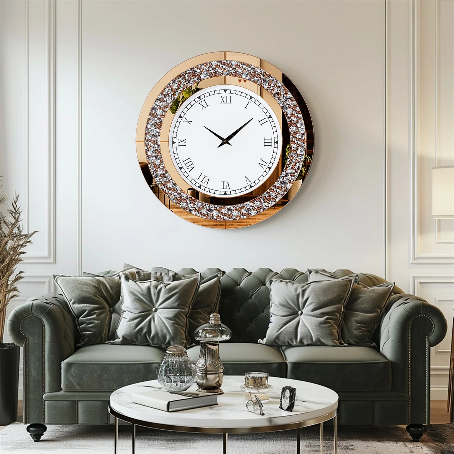 Round Mirror Clock With Crystals For Elegant Wall Decor